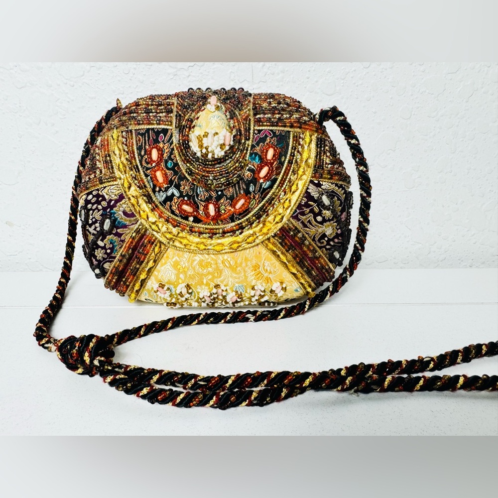 Mary Frances Beaded Crossbody Bag with Gold and Red Accents